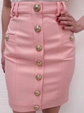 Balmain Pink High-Waist Gold-Button Pencil Skirt